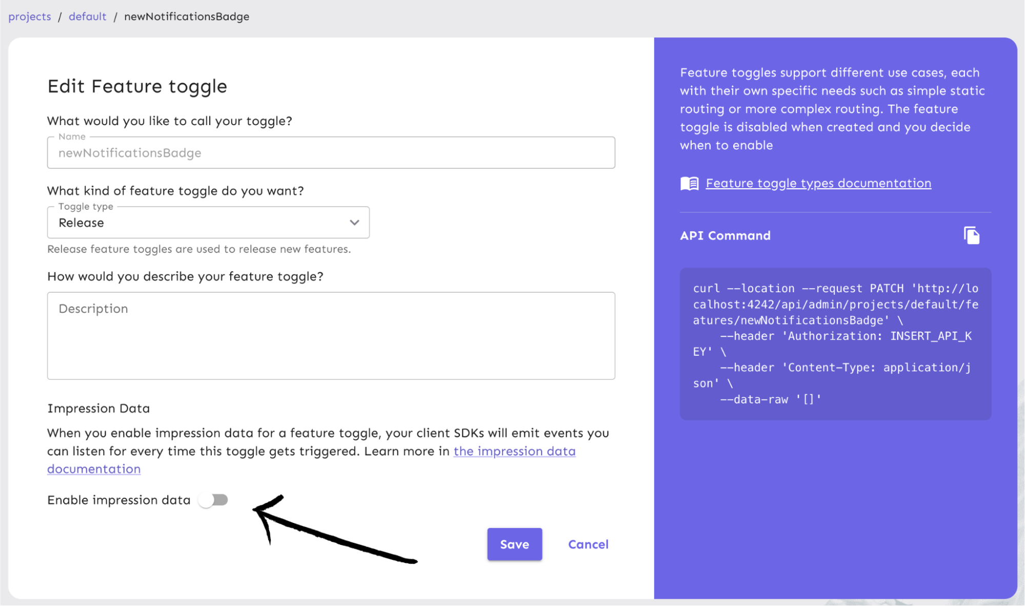 Enabling impression data for a feature flag.